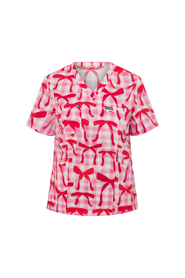 Women’s 100% Cotton Christmas Scrub Top – Bow Ho Ho