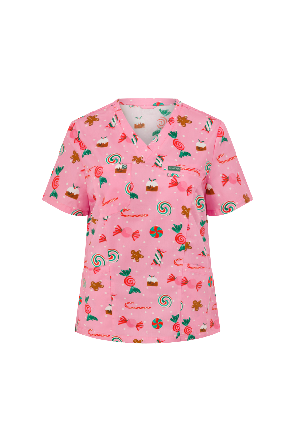 Women’s 100% Cotton Christmas Scrub Top – Festive Treats