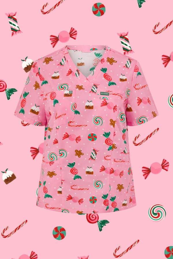 Women’s 100% Cotton Christmas Scrub Top – Festive Treats