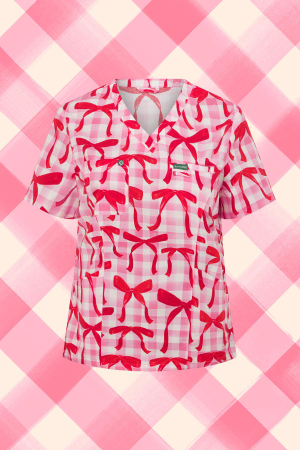 Women’s 100% Cotton Christmas Scrub Top – Bow Ho Ho