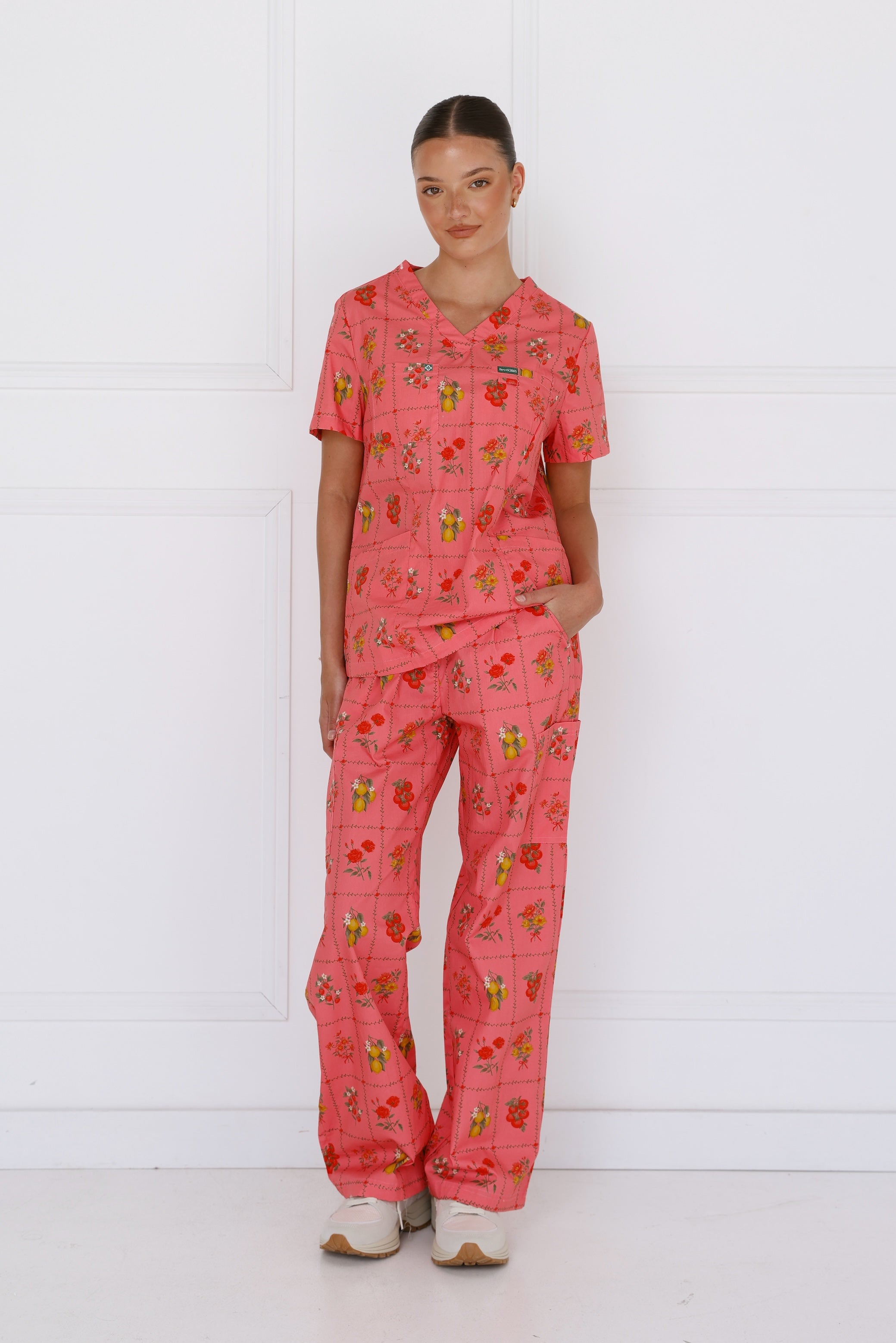 Front view of Flora Women’s Cotton Scrub Set highlighting pockets and feminine cut