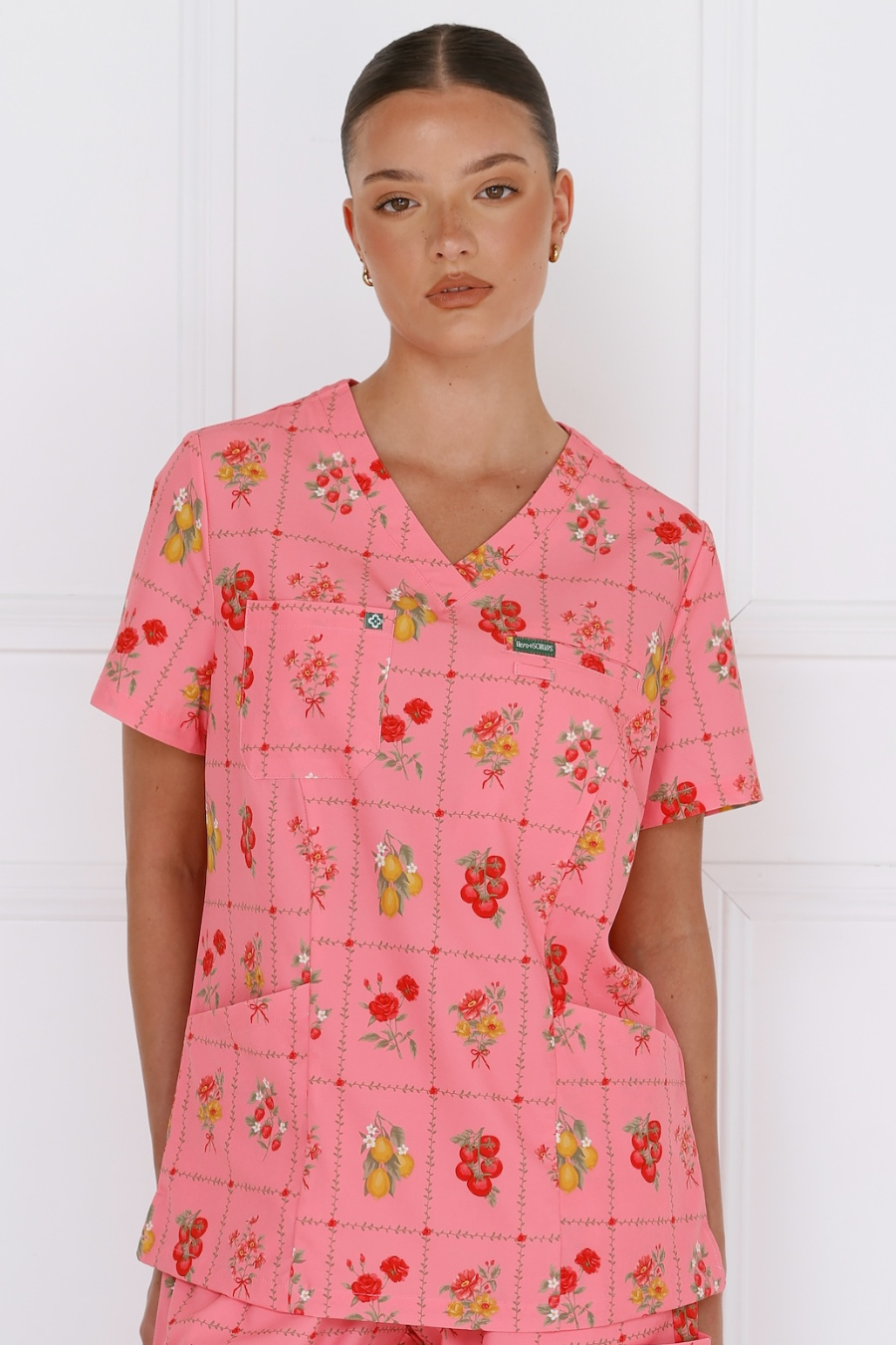 front view of flora scrub top performance fabric