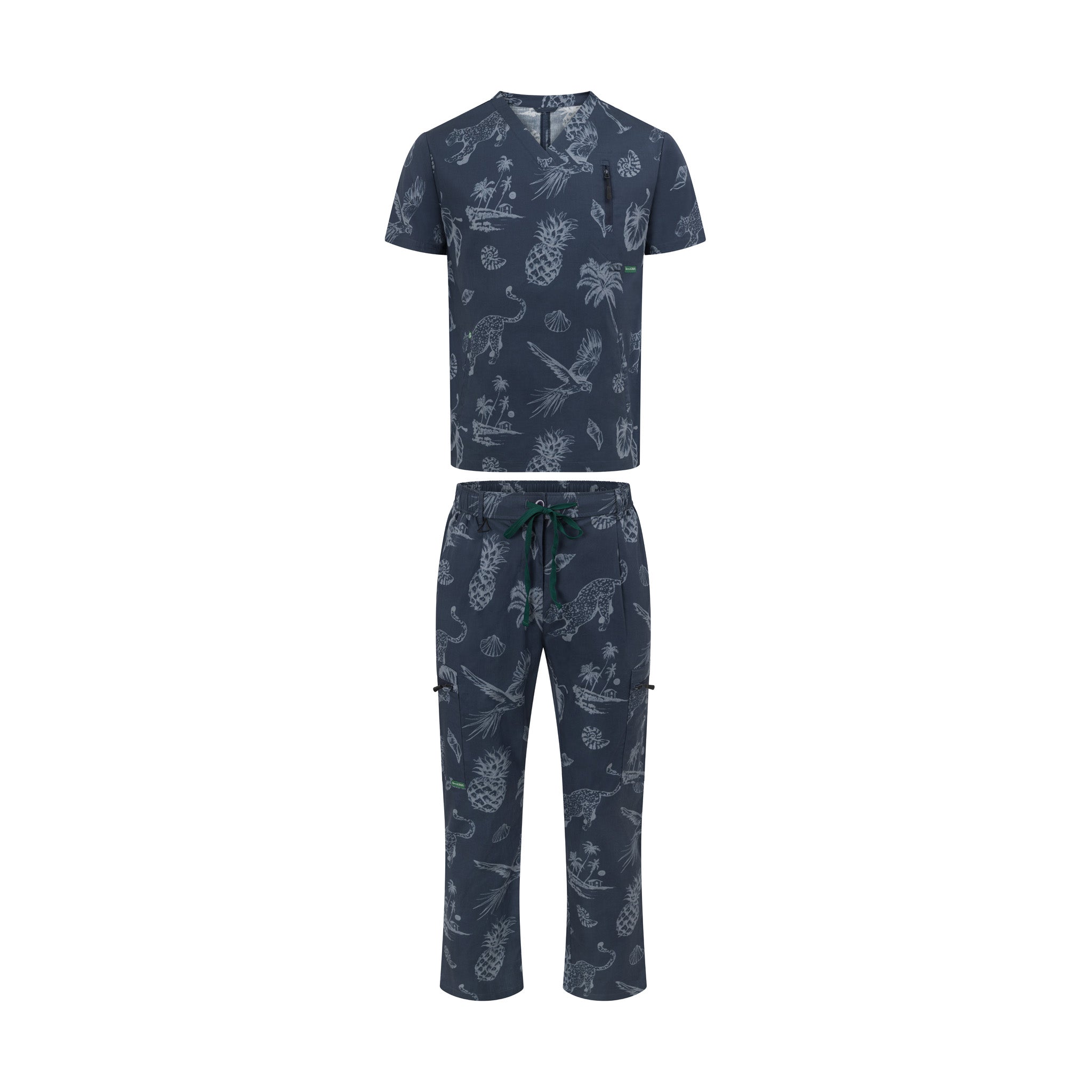 Midnight performance scrub set front view – navy blue stretch medical uniform with top and pants