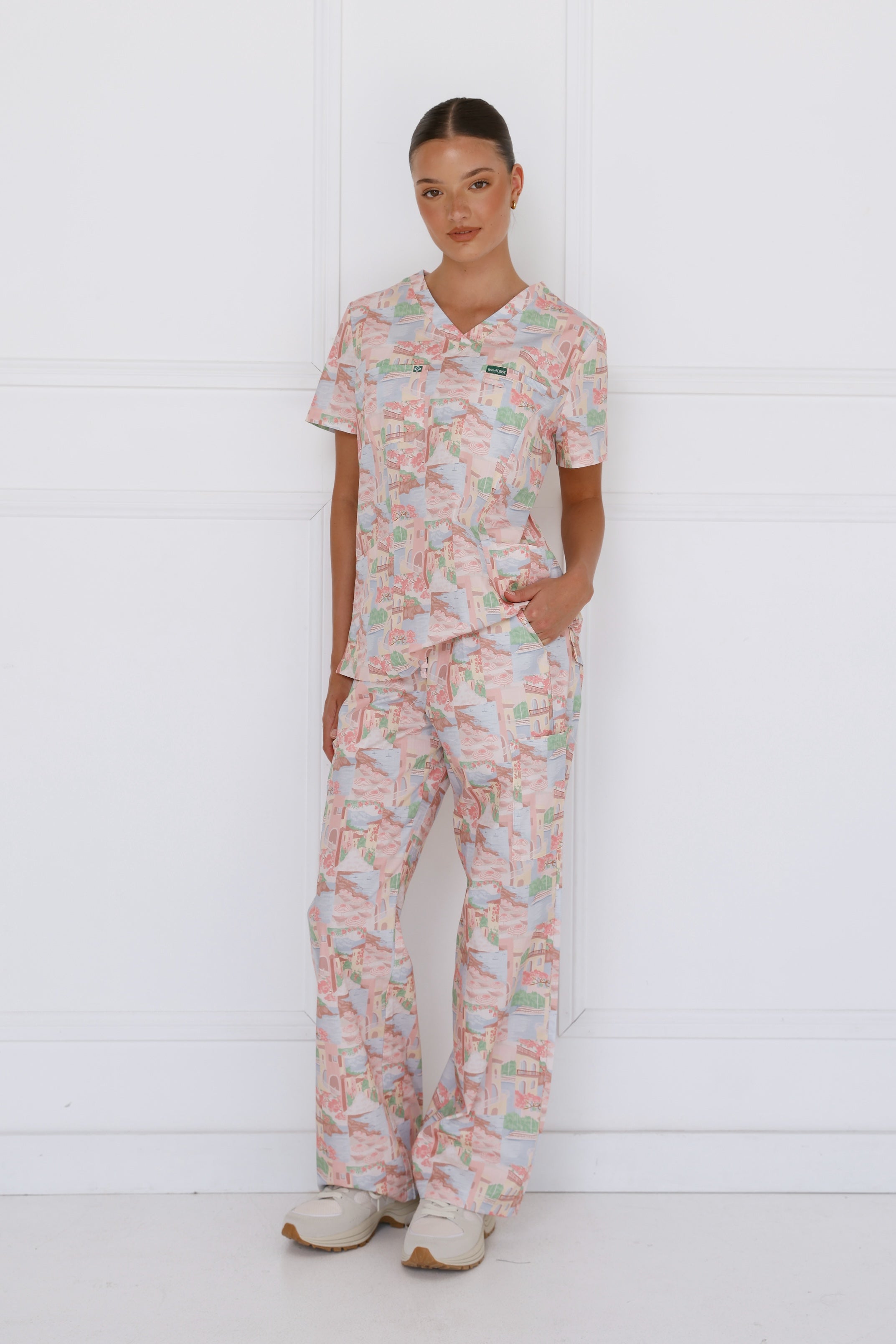 Front view of Riviera Women’s 100% Cotton Scrub Set highlighting pocket details and relaxed cotton finish