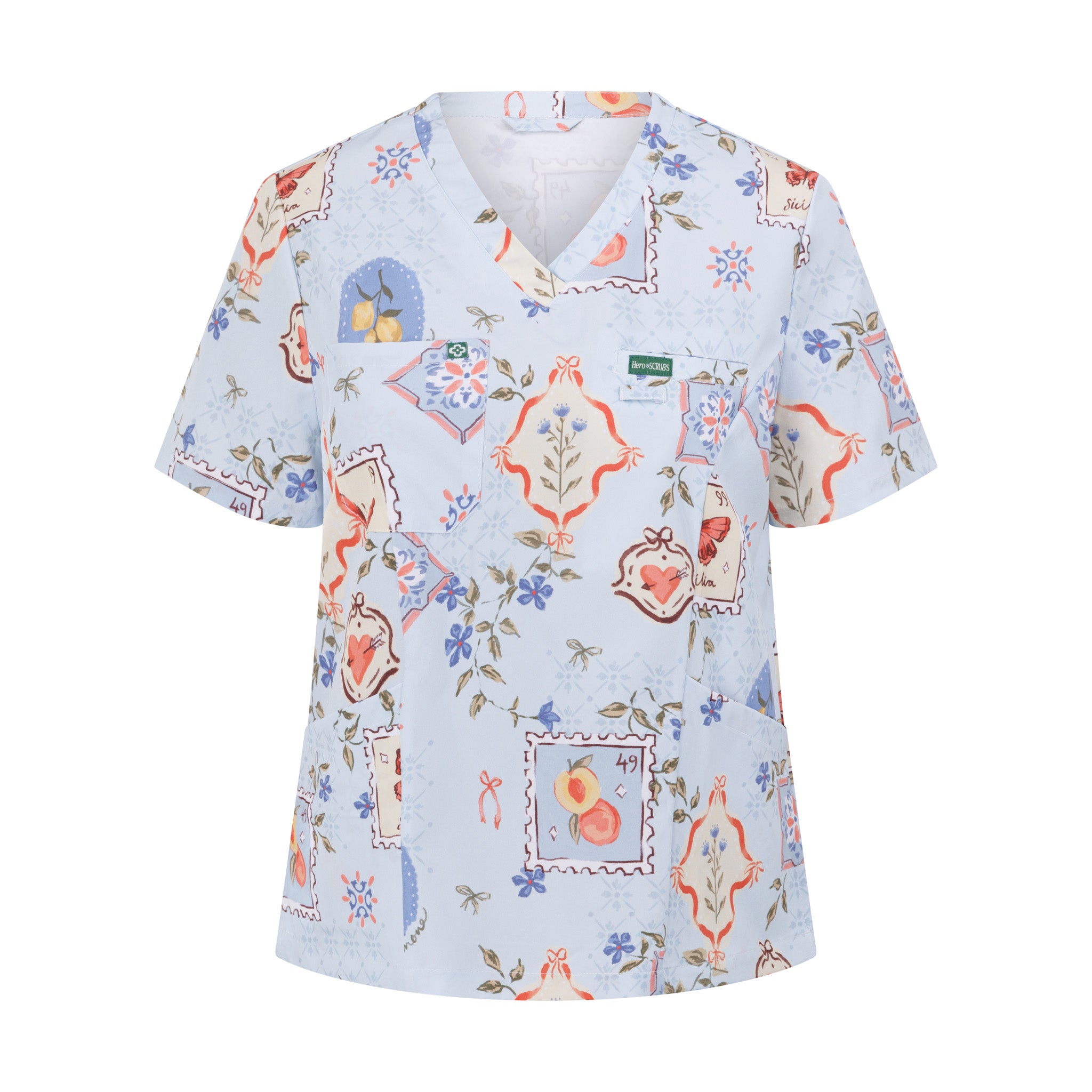 Sicily Women’s Performance Scrub Top – front view showing modern fit, lightweight stretch fabric, and 4 functional pockets