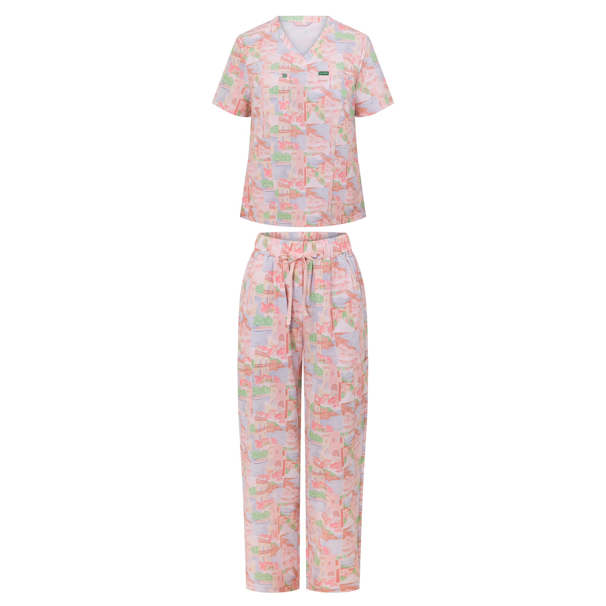 Women’s Riviera performance scrub set front view – premium stretch fabric, coastal blue print, tailored fit medical uniform