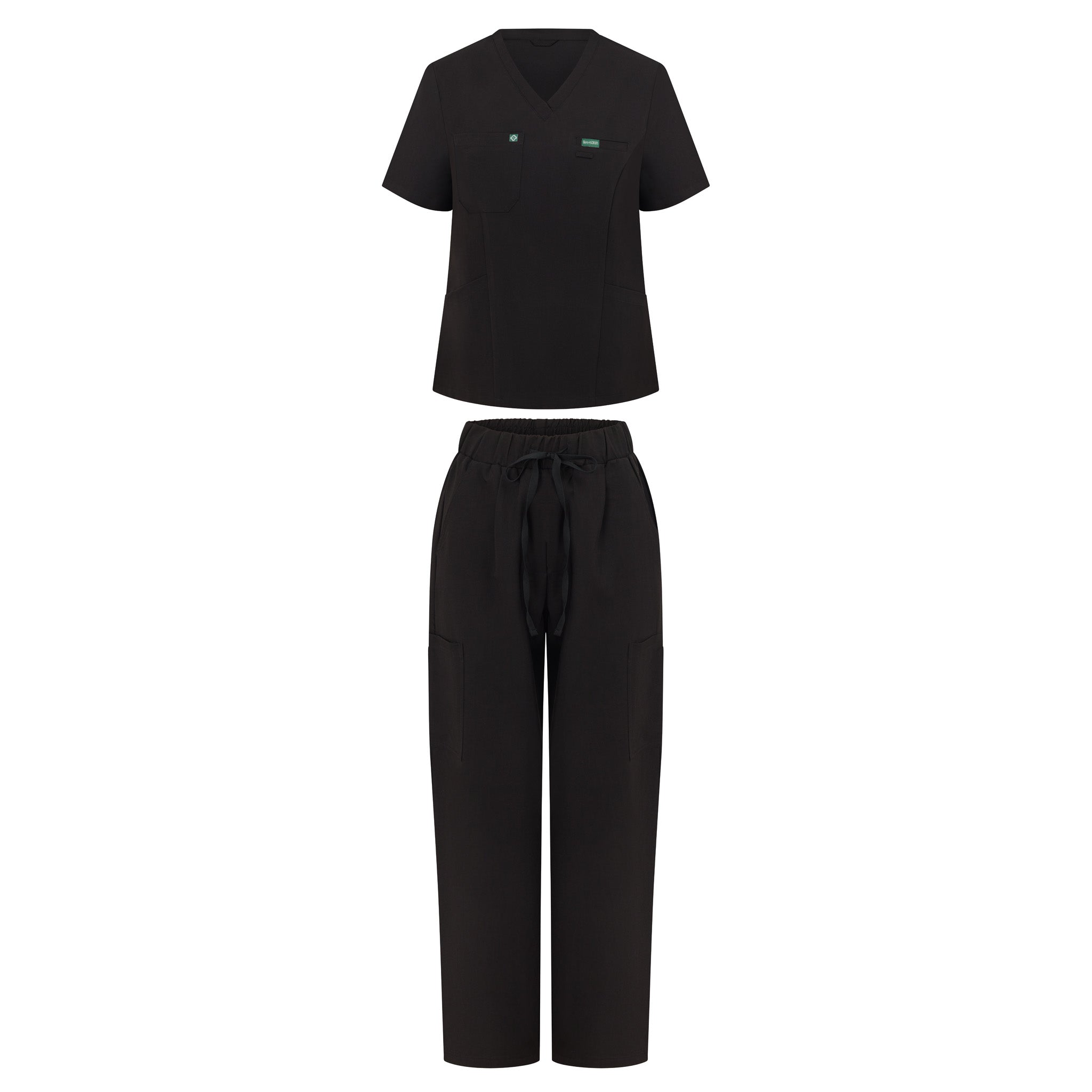 Ghost mannequin image of the Hero Scrubs Blac scrub set in solid black featuring a scrub top and matching scrub pants.