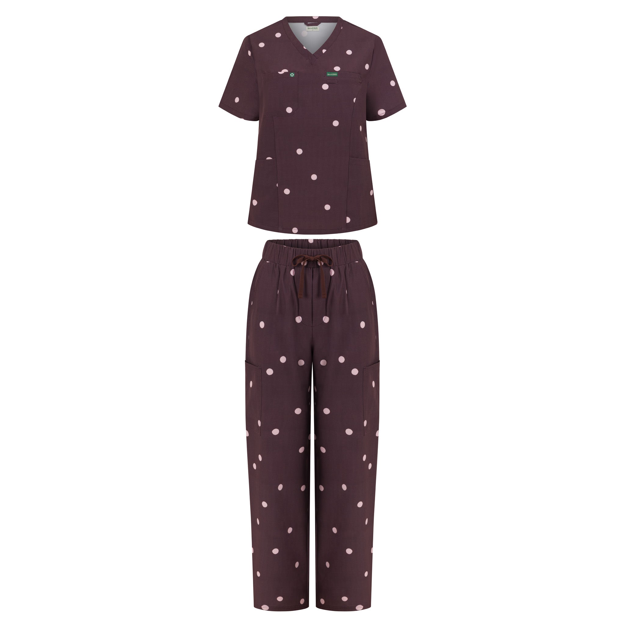 Ghost mannequin image of the Hero Scrubs Cocoa Polka Dot scrub set featuring a cocoa brown fabric with light pink polka dots, scrub top and matching scrub pants.