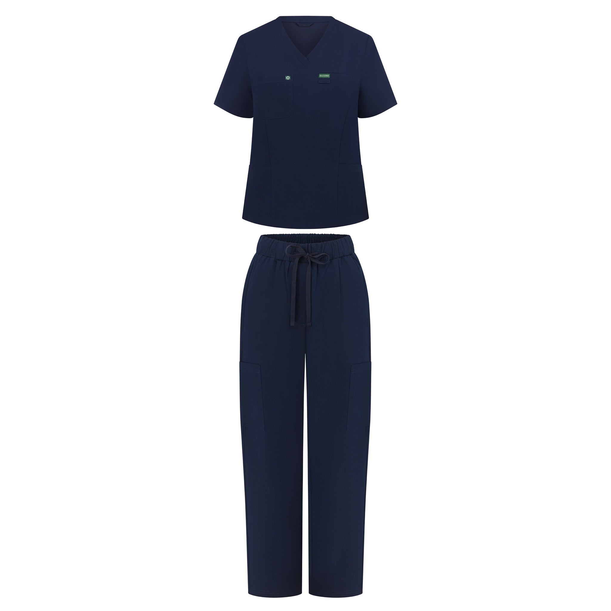 Ghost mannequin image of the Hero Scrubs Midnight Navy scrub set in deep navy blue featuring a scrub top and matching scrub pants.