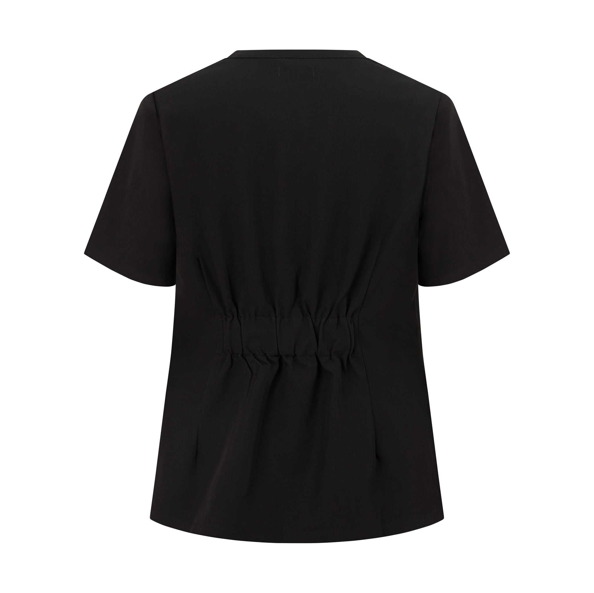 Back view of Hero Scrubs Black women’s scrub top showing the shaped waist detail