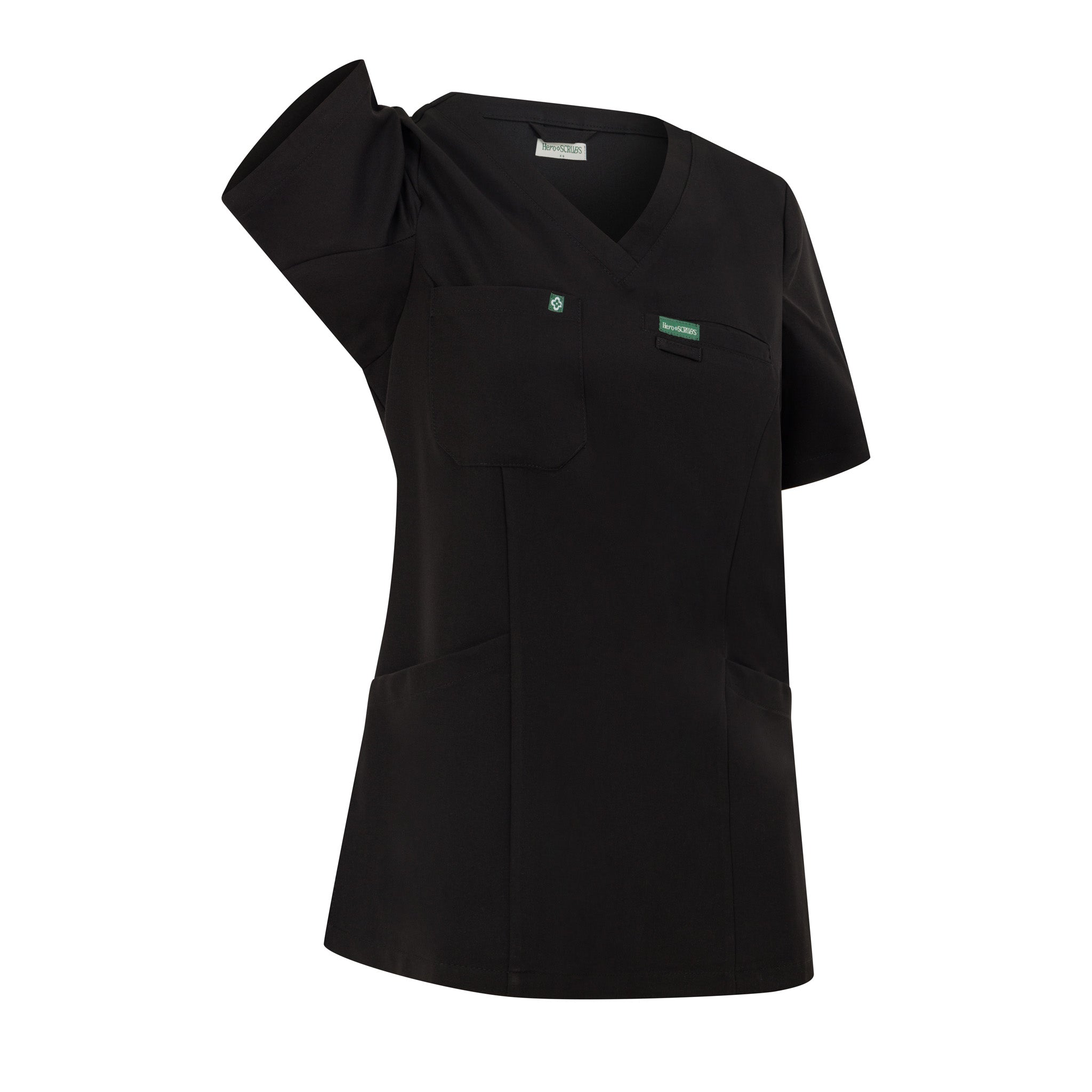Hero Scrubs Black women’s scrub top showing the underarm movement detail