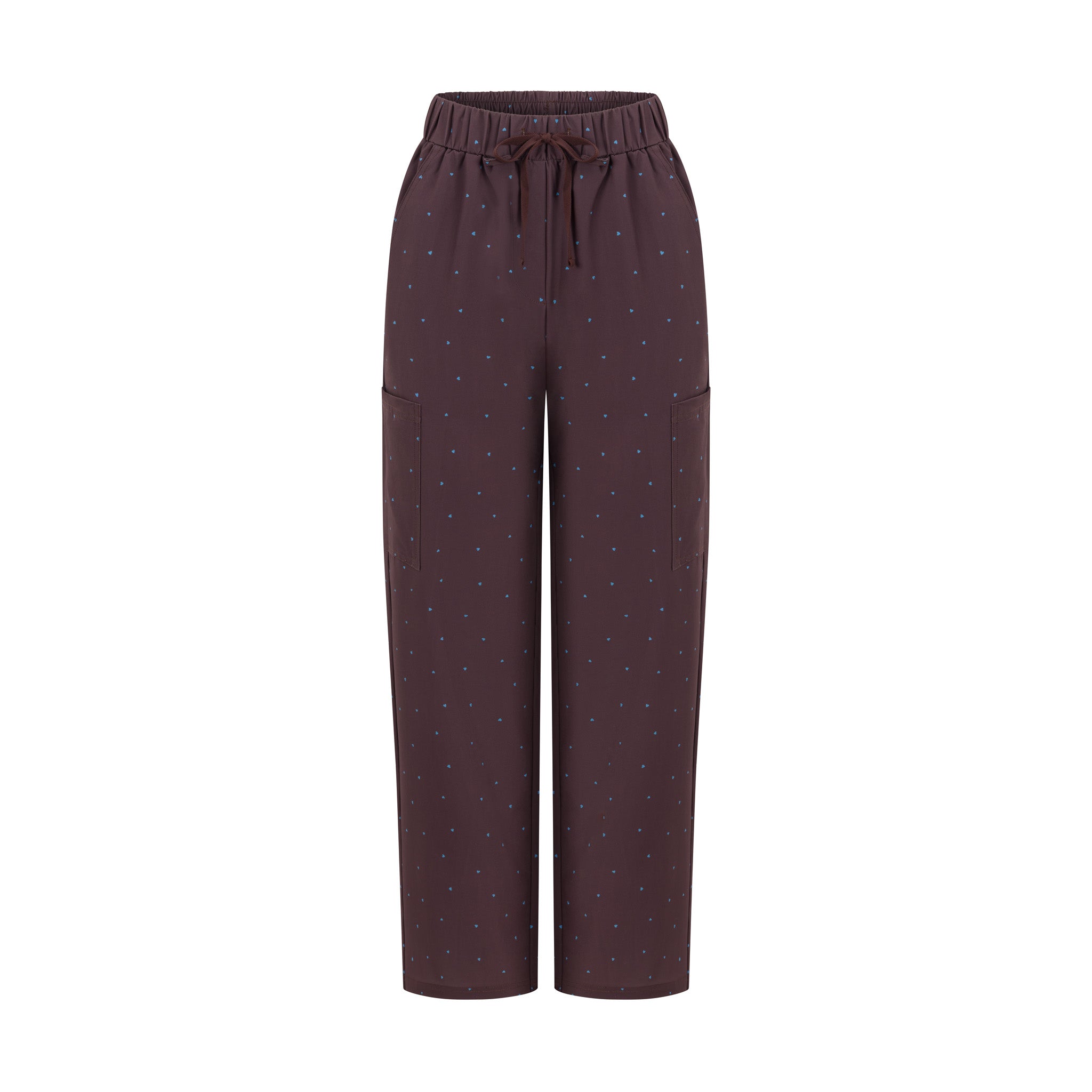 Cocoa Hearts chocolate brown women’s scrub pants with blue micro hearts – front view