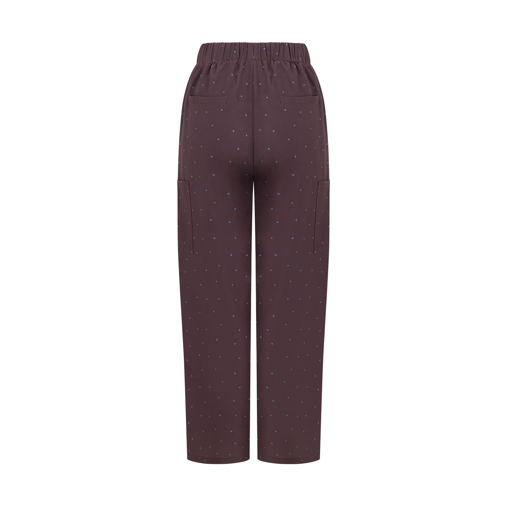 Cocoa Hearts chocolate brown women’s scrub pants with blue micro hearts – back view