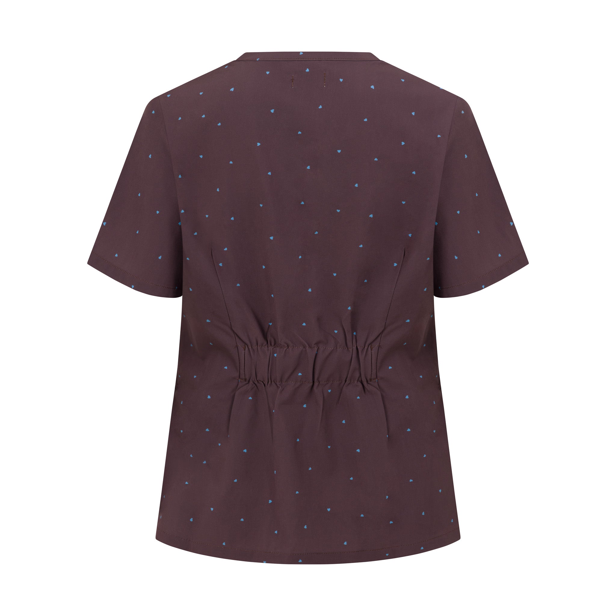 Cocoa Hearts chocolate brown women’s scrub top with blue micro hearts – back view