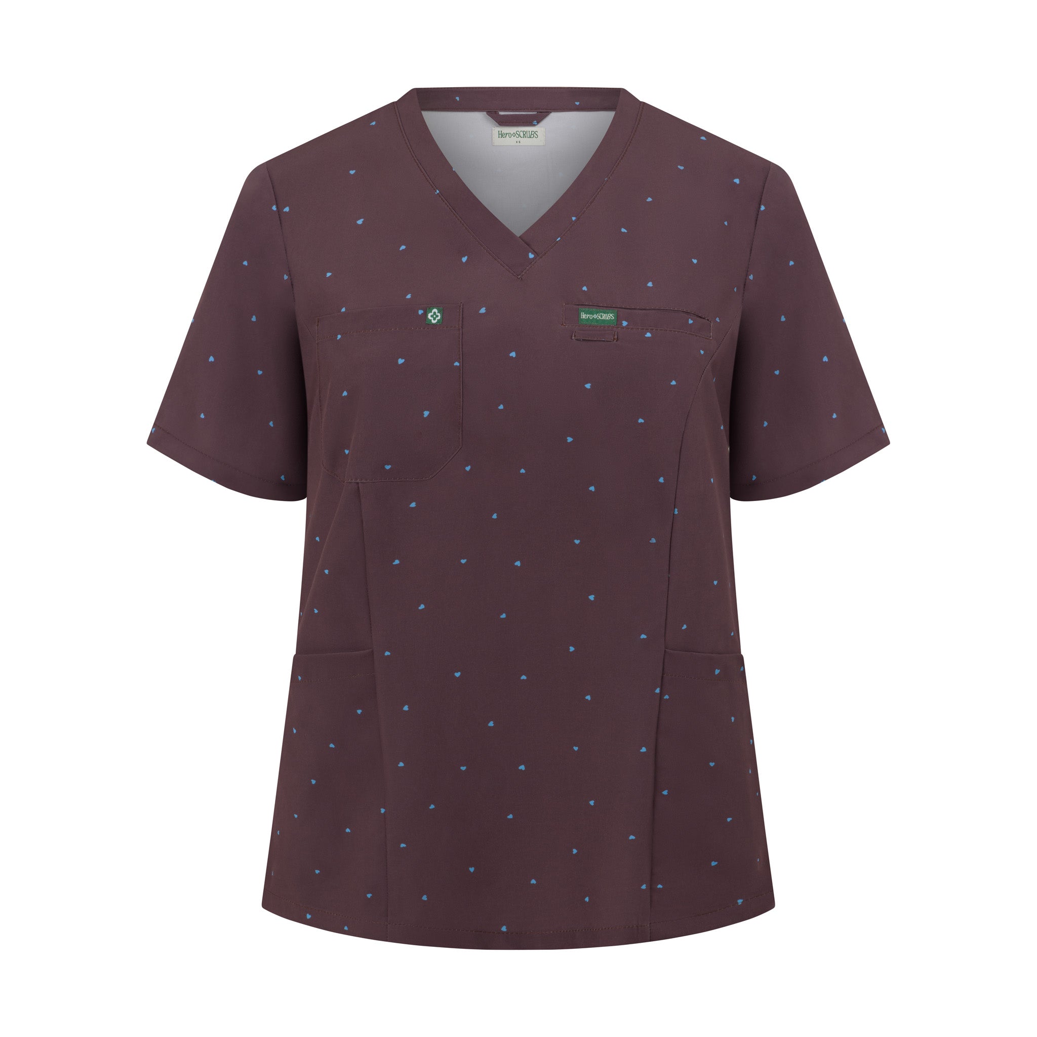 Cocoa Hearts chocolate brown women’s scrub top with blue micro hearts – front view