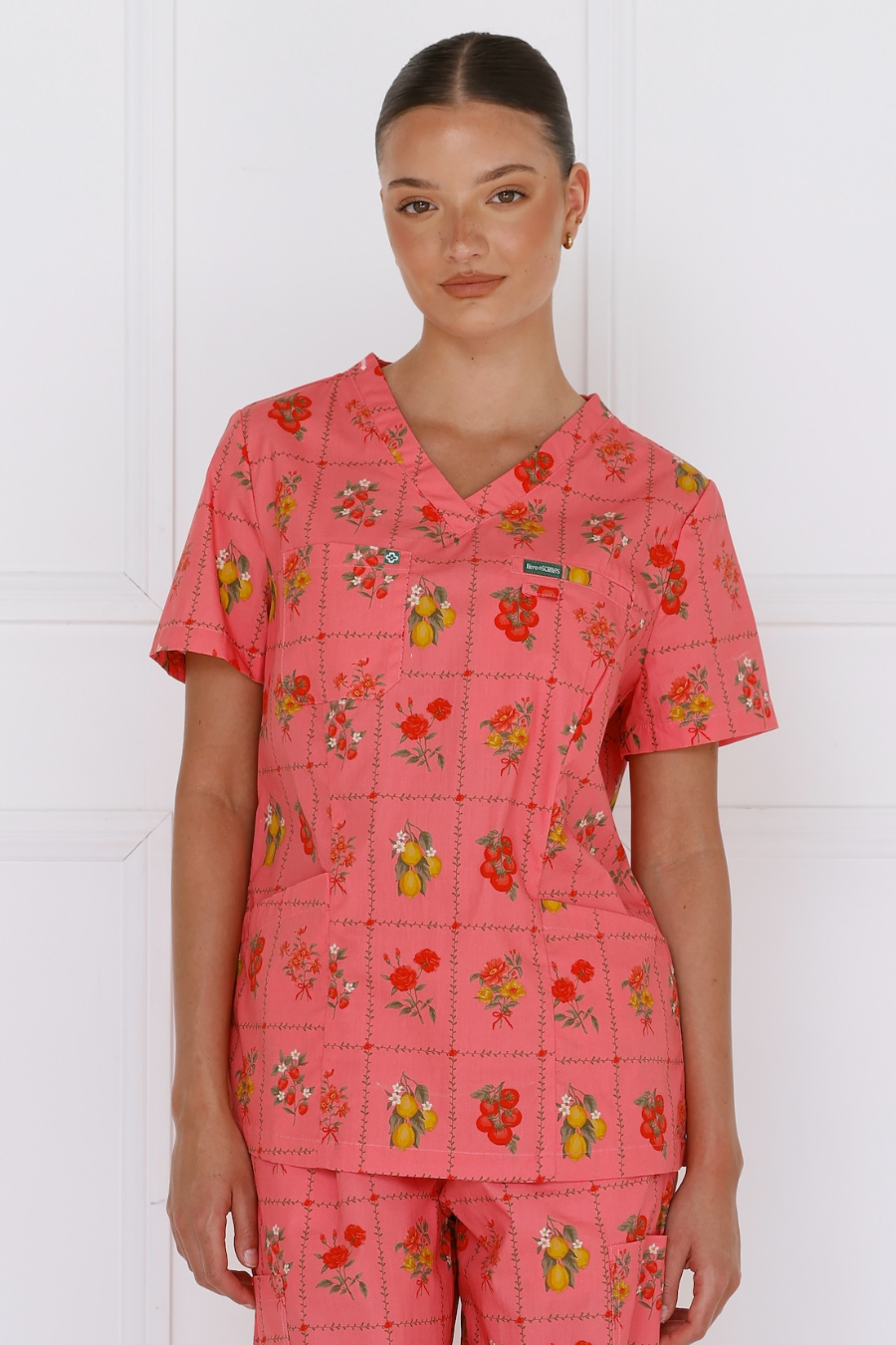Flora Women’s Cotton Scrub Top – front view showing 100% cotton fabric and feminine fit