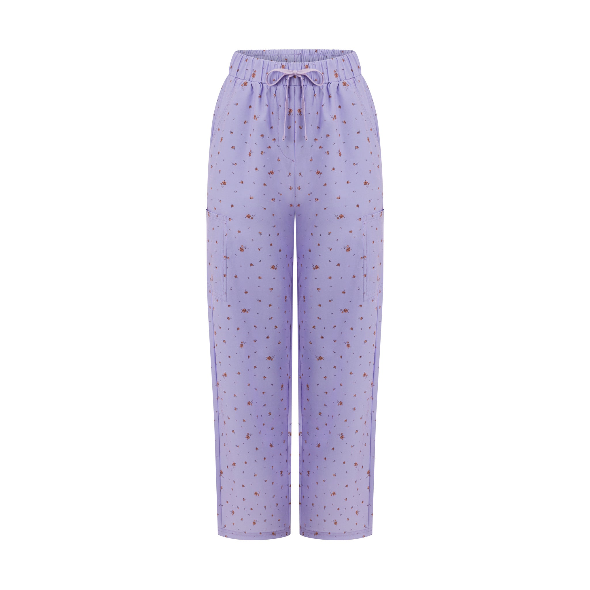 Front view of Hero Scrubs lilac printed women’s scrub pants