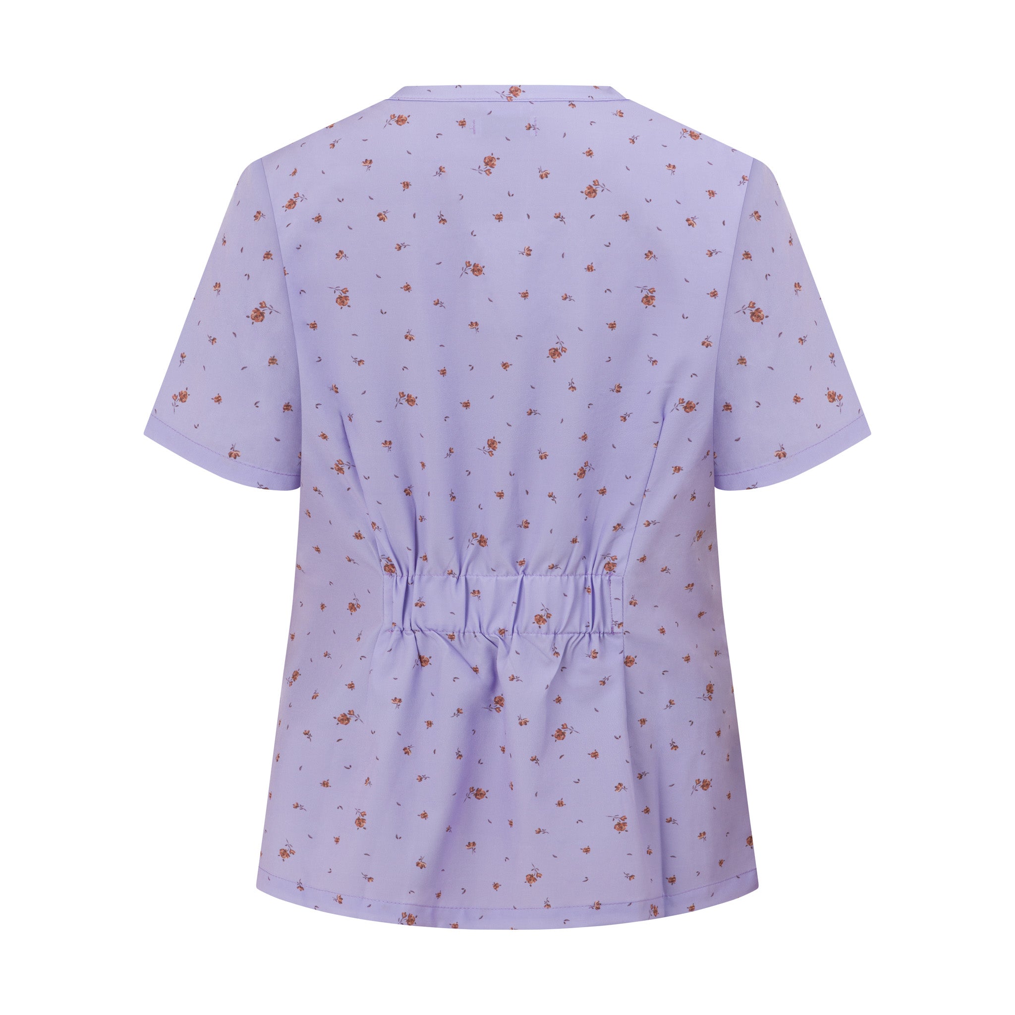 Back view of Hero Scrubs lilac women’s scrub top showing the shaped waist detail