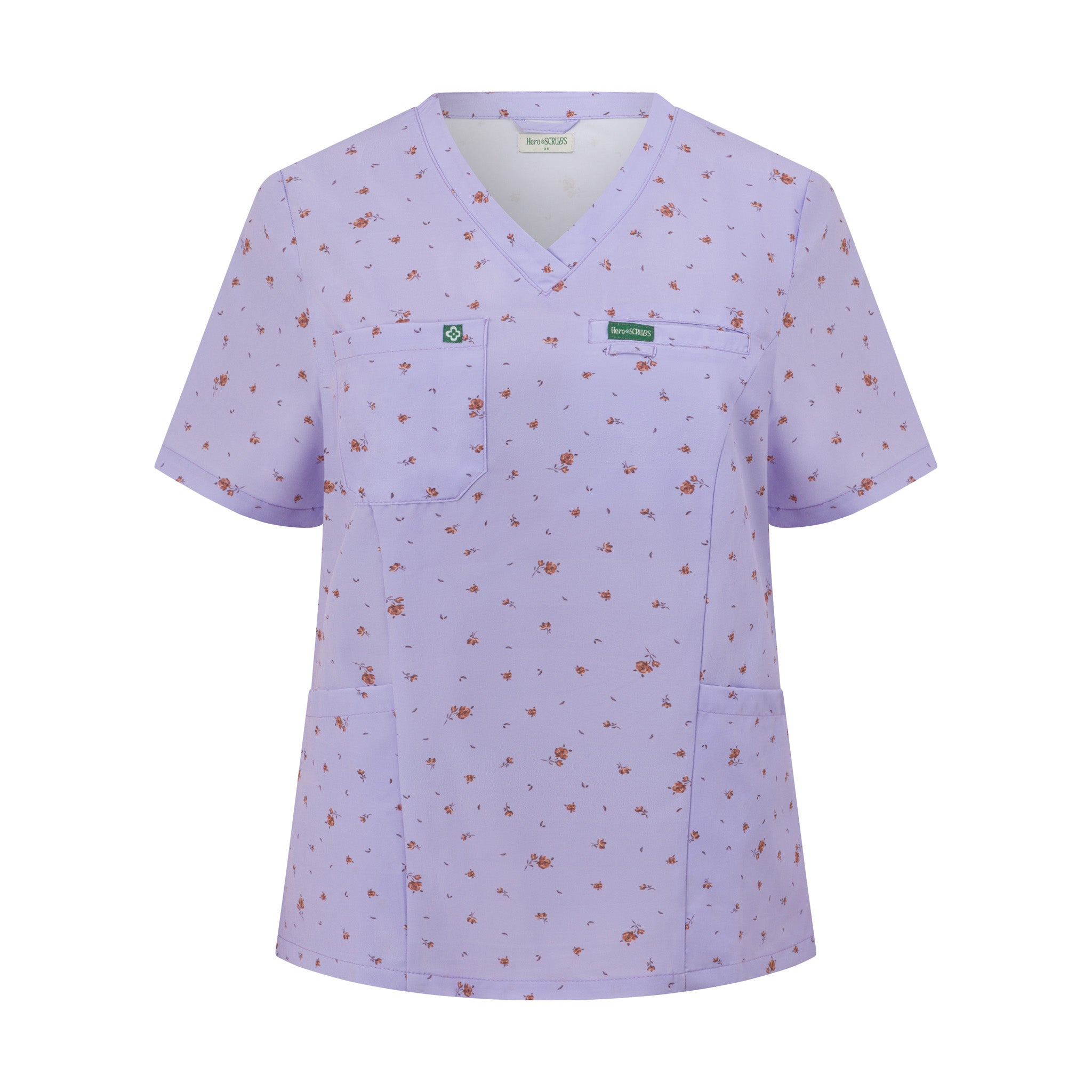 Front view of Hero Scrubs lilac printed women’s scrub top