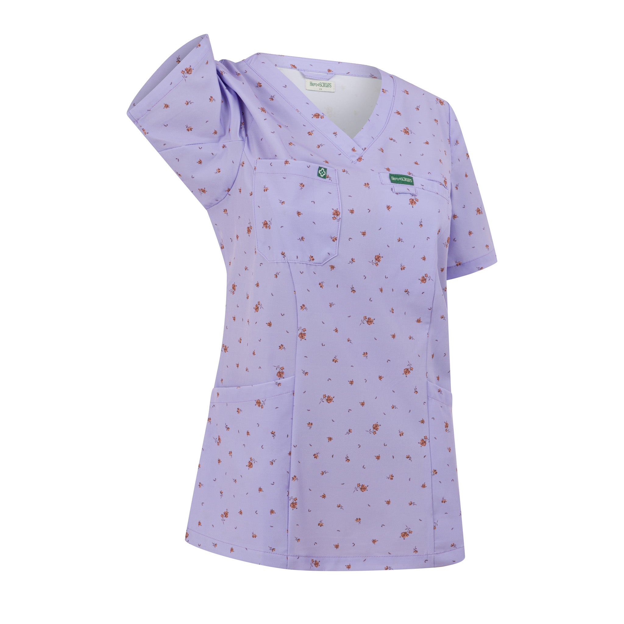 Hero Scrubs lilac women’s scrub top showing the underarm movement detail