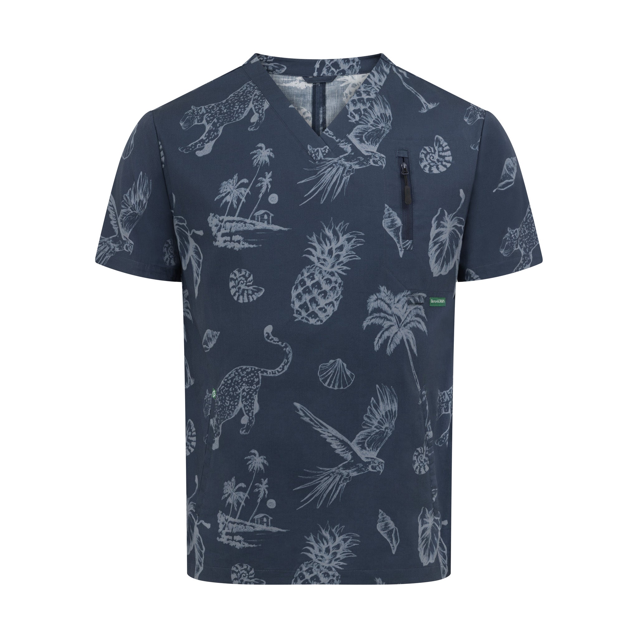 Close-up of Midnight performance scrub top – soft stretch fabric, chest pocket detail, navy medical scrubs