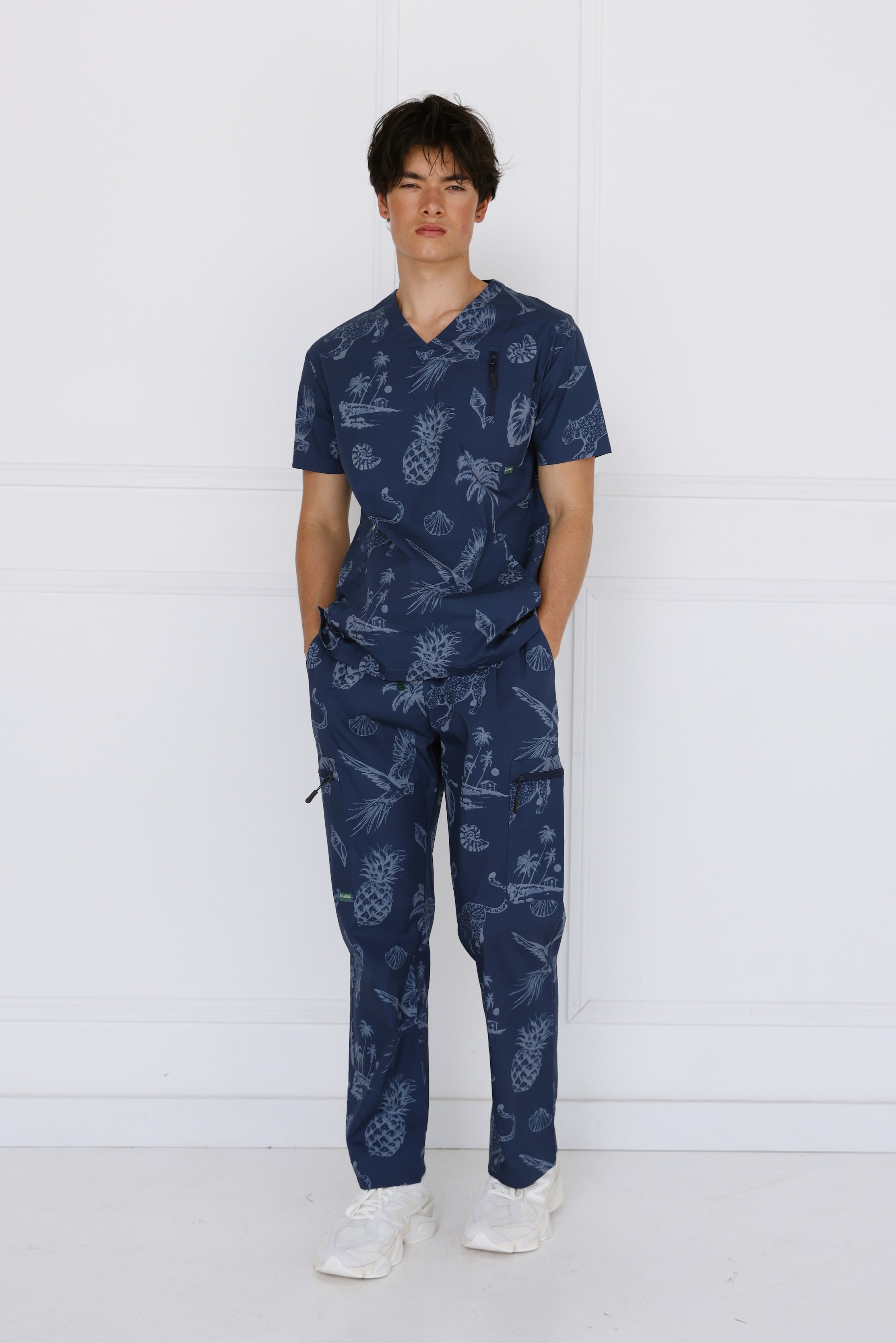 Front view of Midnight Men’s 100% Cotton Scrub Set highlighting pocket design and soft cotton finish