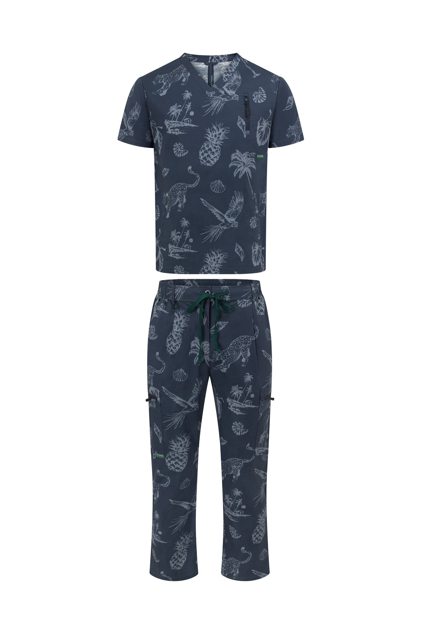 Midnight performance scrub set front view – navy blue stretch medical uniform with top and pants