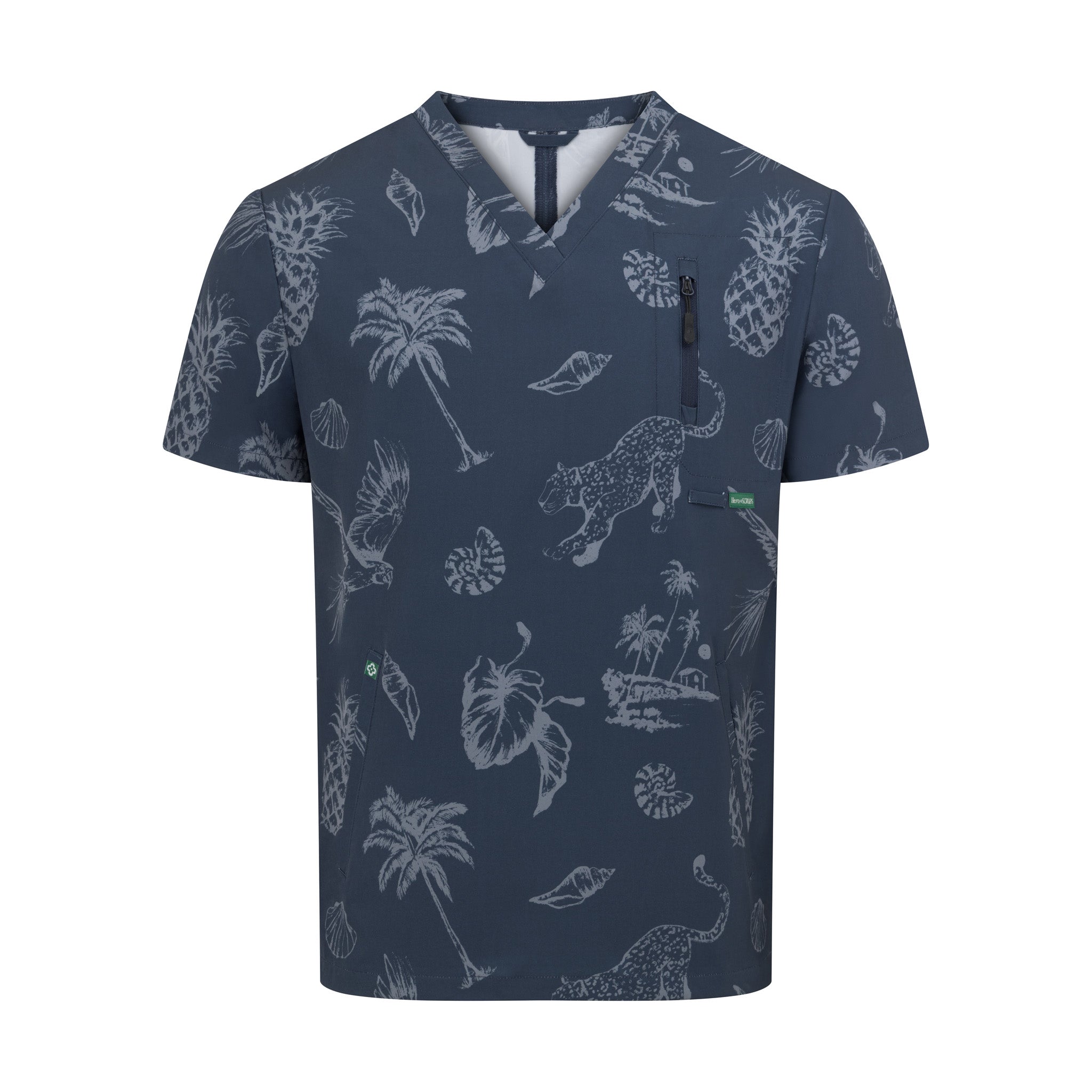 Midnight performance scrub top front view – tailored fit, stretch fabric, 10 pockets, navy blue medical uniform