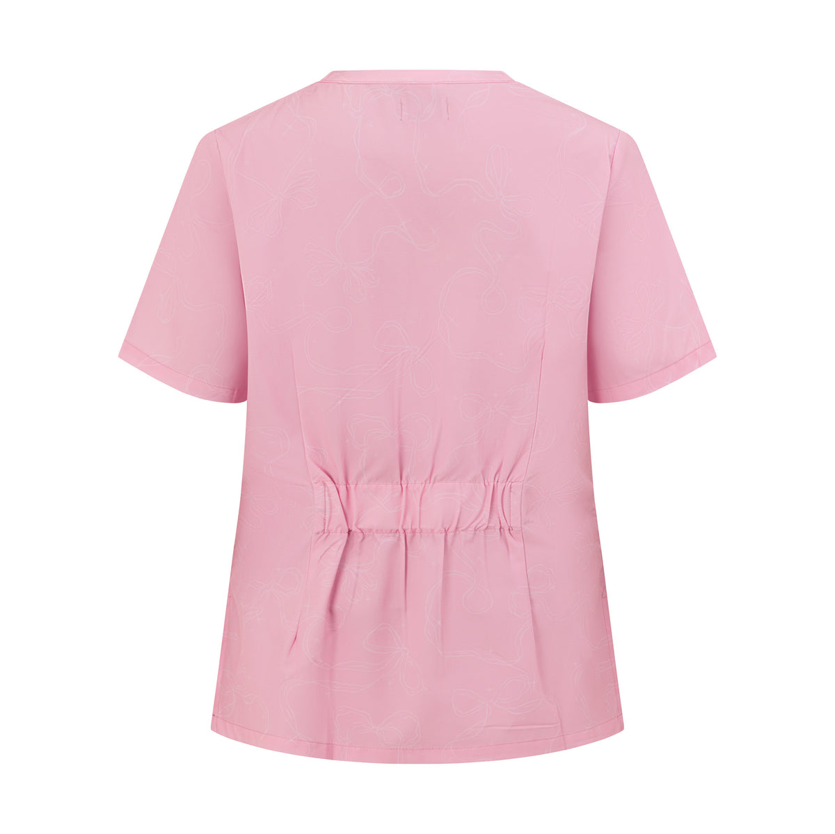 Back view of Hero Scrubs Pink women’s scrub top showing the shaped waist detail