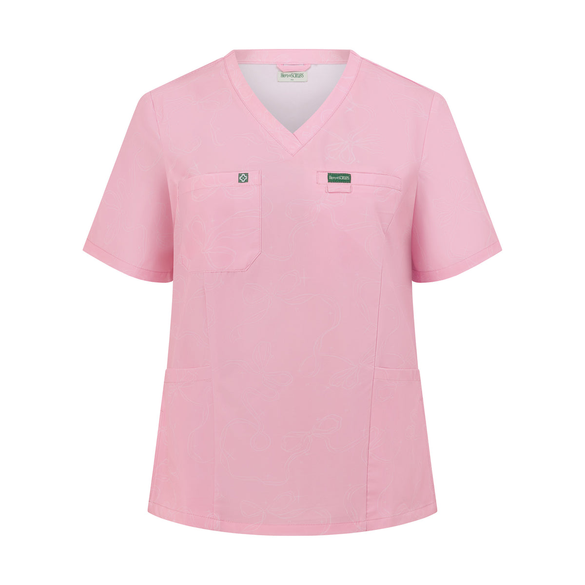Front view of Hero Scrubs Pink women’s V-neck scrub top