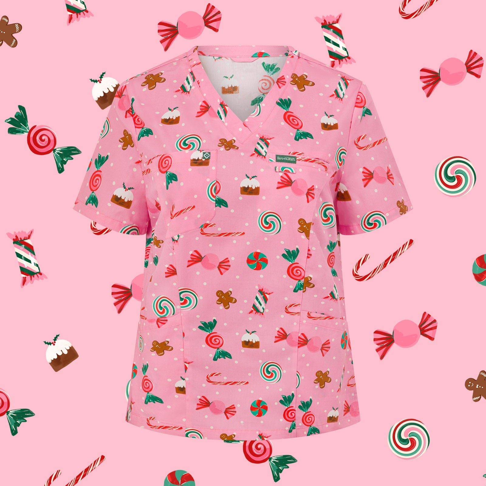 Women’s 100% Cotton Christmas Scrub Top – Festive Treats