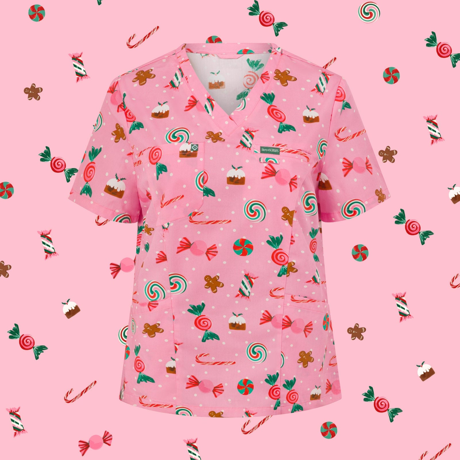 Women’s 100% Cotton Christmas Scrub Top – Festive Treats