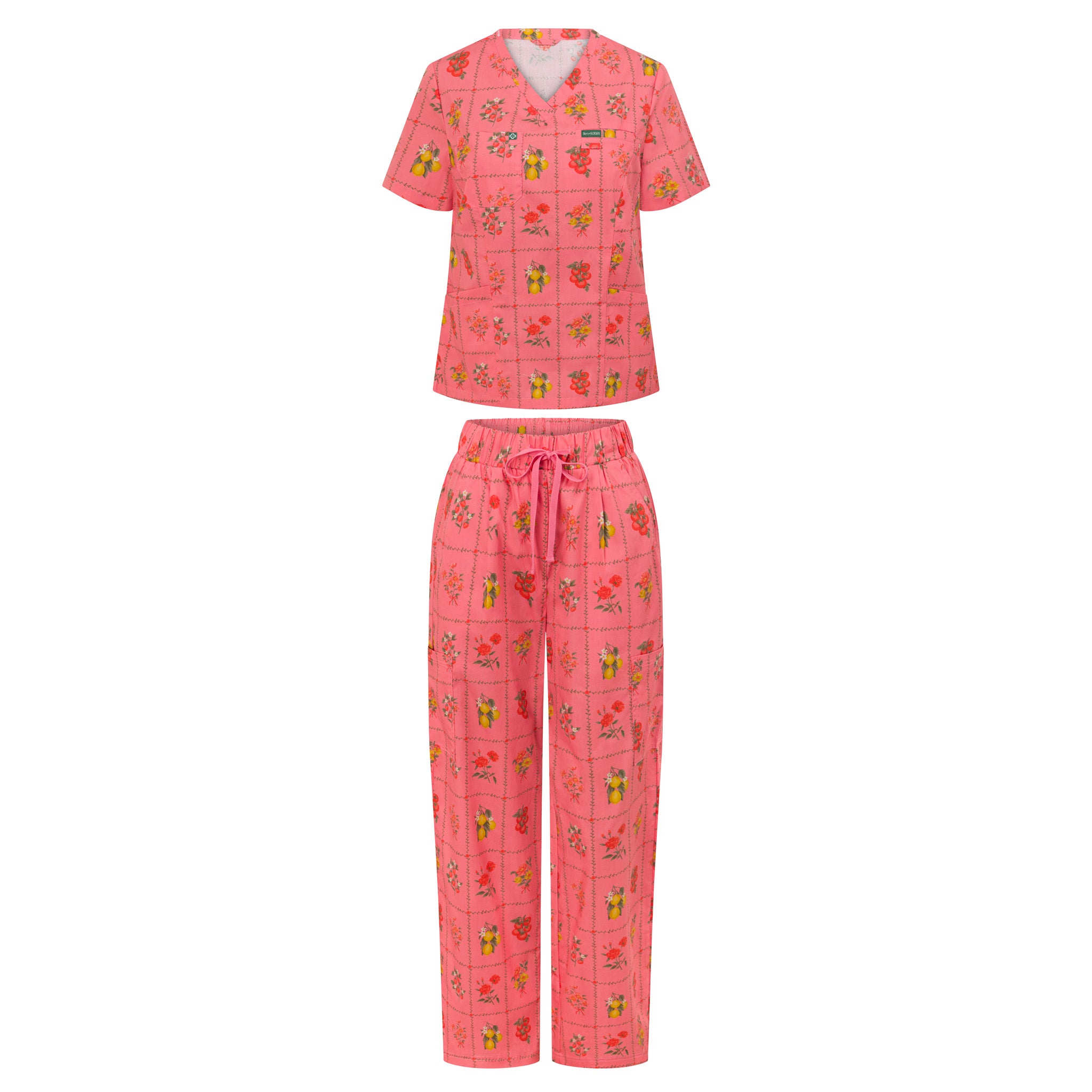 Women’s Flora cotton scrub set front view - breathable 100% cotton floral print, lightweight summer medical scrubs
