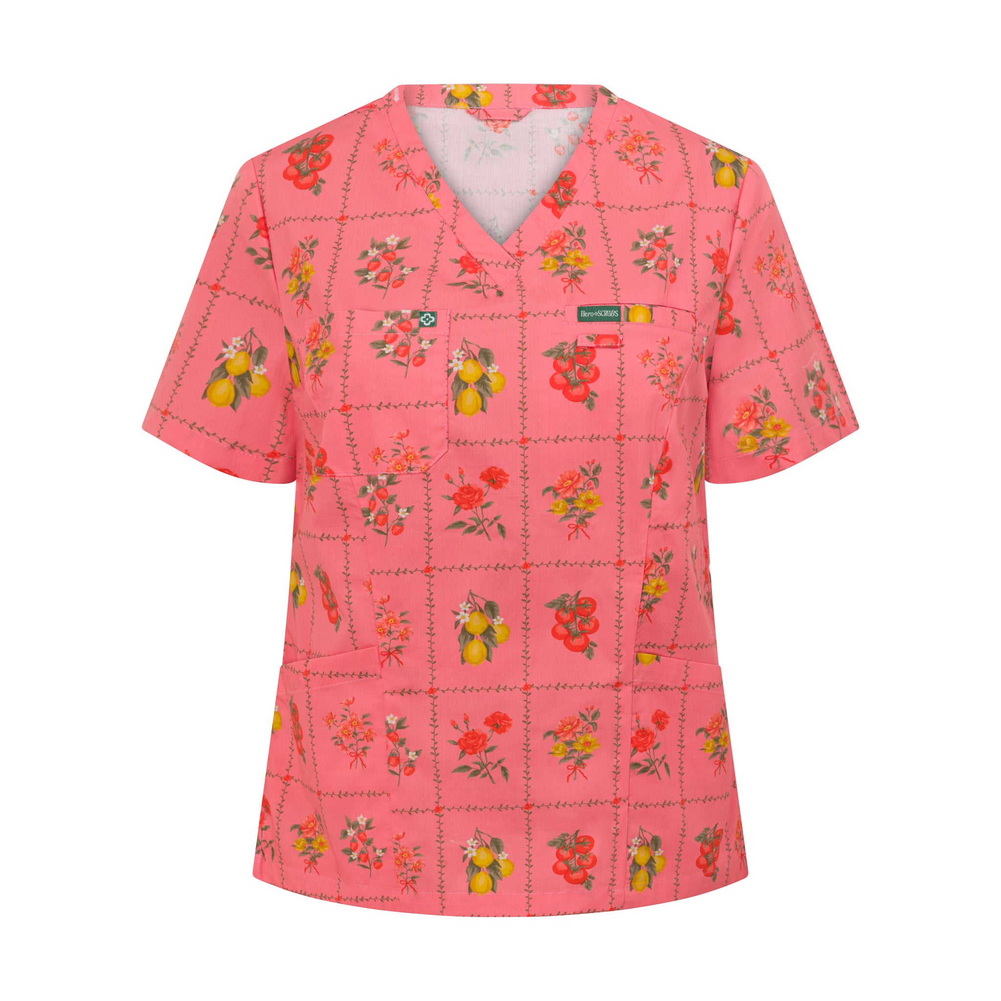 Women’s Flora cotton scrub top front view – 100% breathable cotton floral print, lightweight summer medical uniform