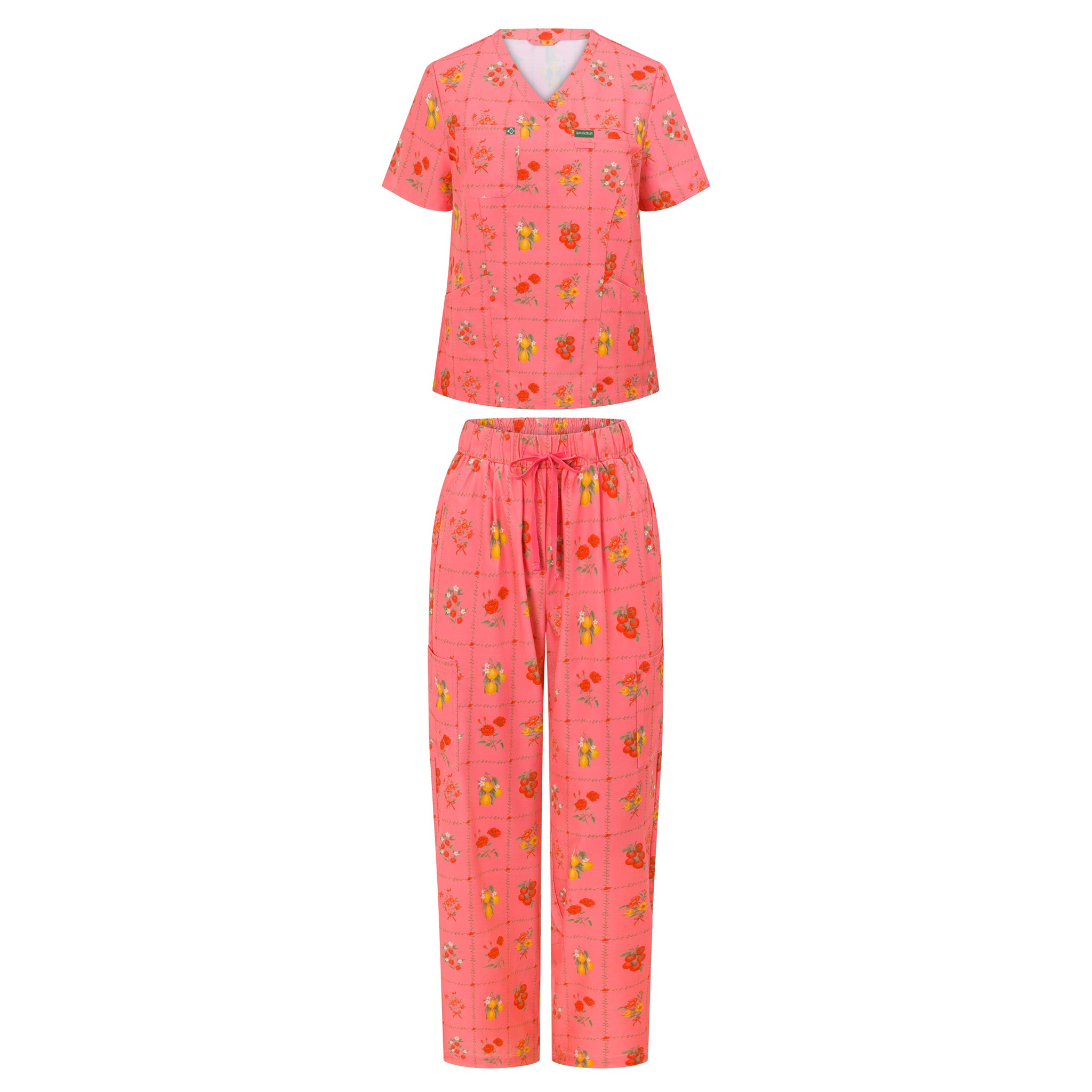Women’s Flora performance scrub set front view – tailored fit, stretch fabric, floral print medical scrubs