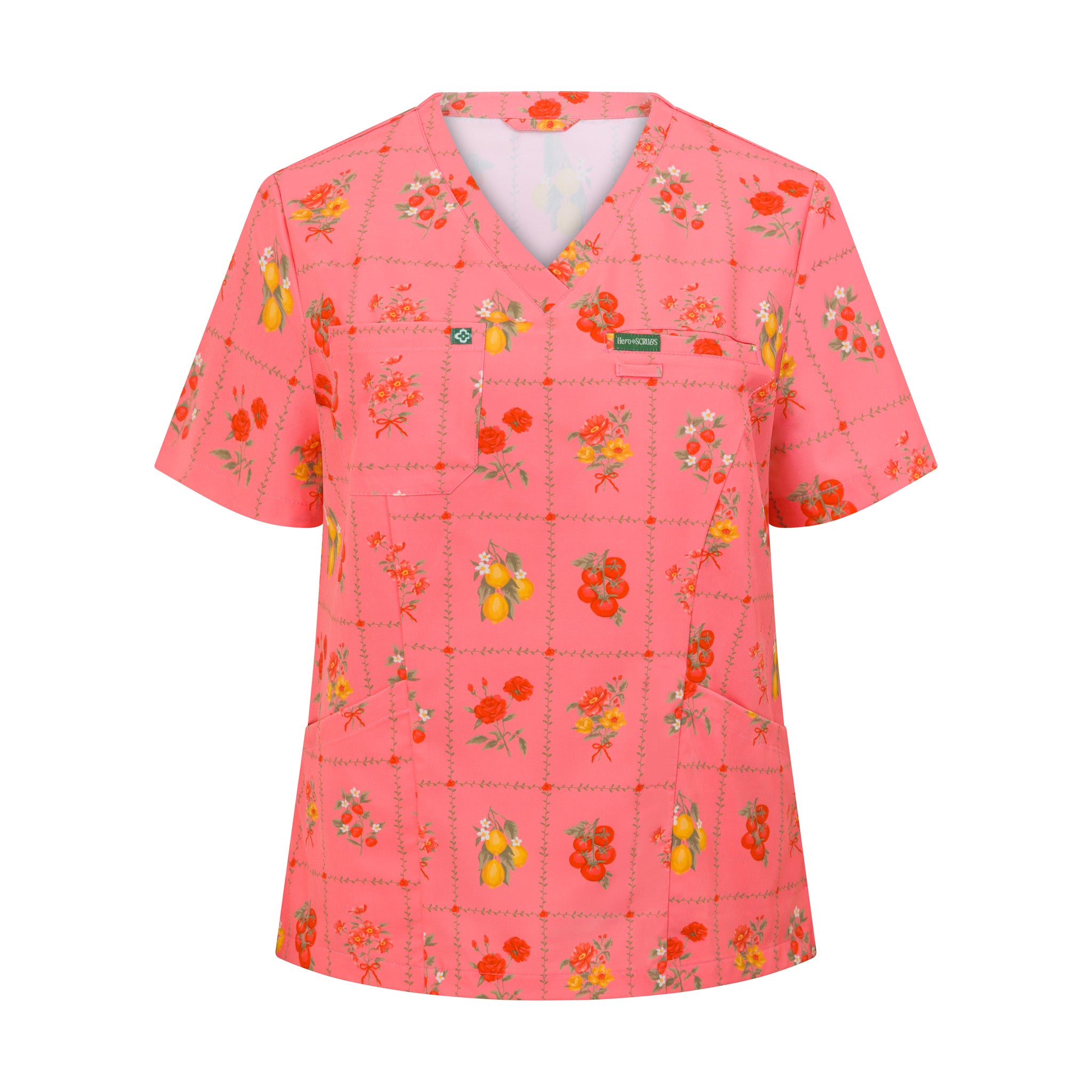 Women’s Flora performance scrub top front view  - stretch fabric, floral print, tailored fit medical uniform