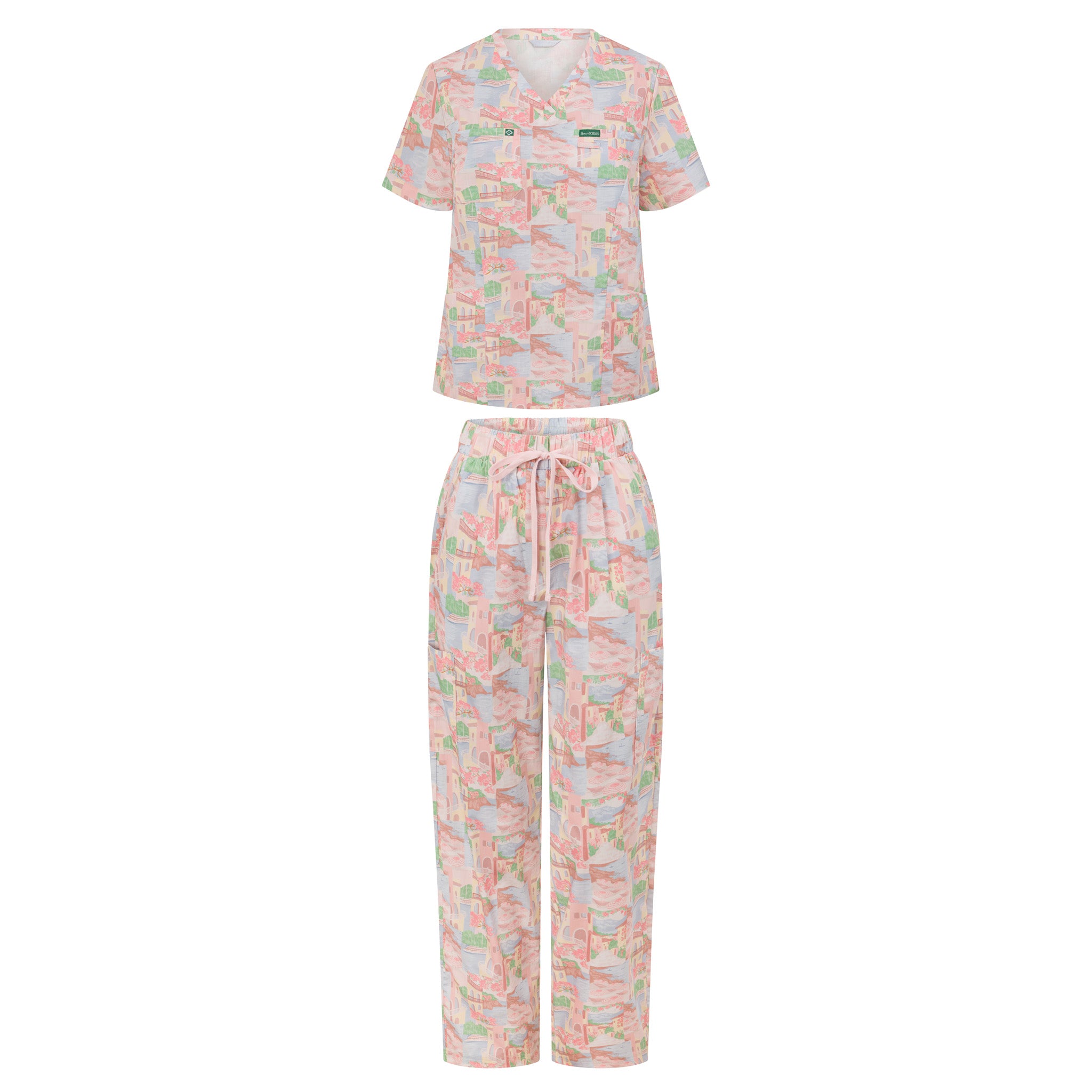 Women’s Riviera cotton scrub set front view – 100% breathable cotton, coastal blue print, lightweight summer medical uniform
