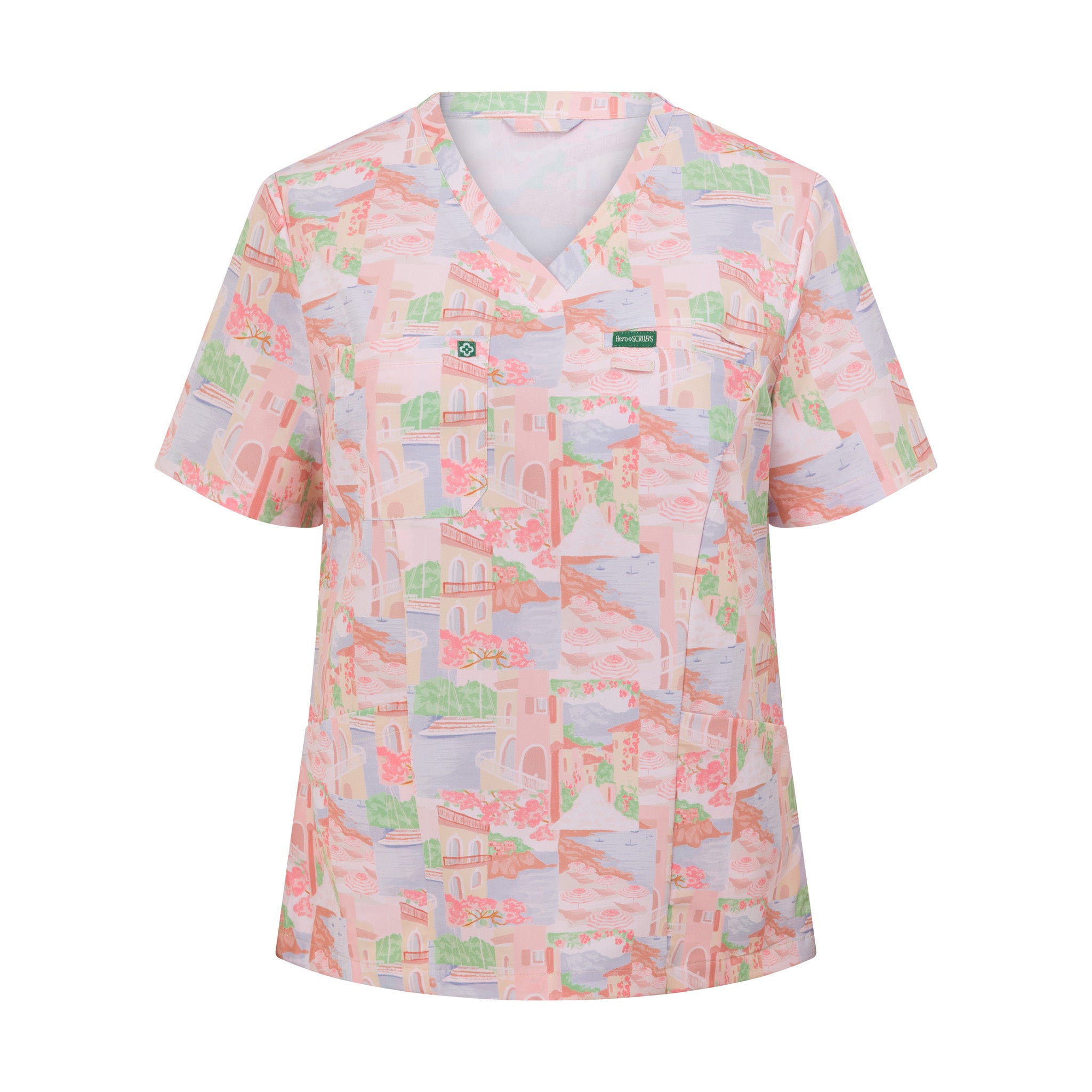 Women’s Riviera performance scrub top front view – coastal blue and pink print, premium stretch fabric, tailored fit medical uniform