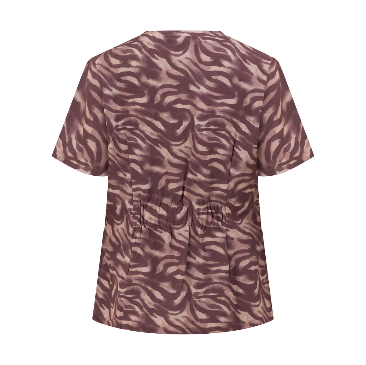 Back view of Hero Scrubs Zebra women’s scrub top showing the shaped waist detail