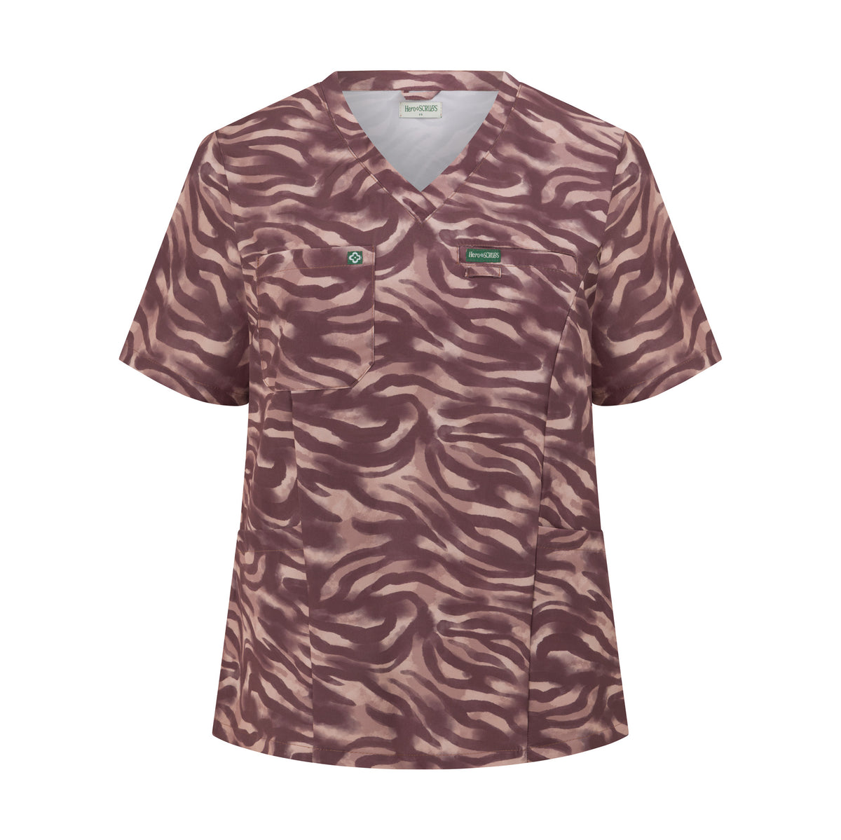 Front view of Hero Scrubs Zebra women’s scrub top